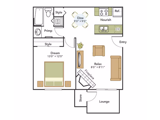 1 Bed, 1 Bath A 1C-C205 floor plan